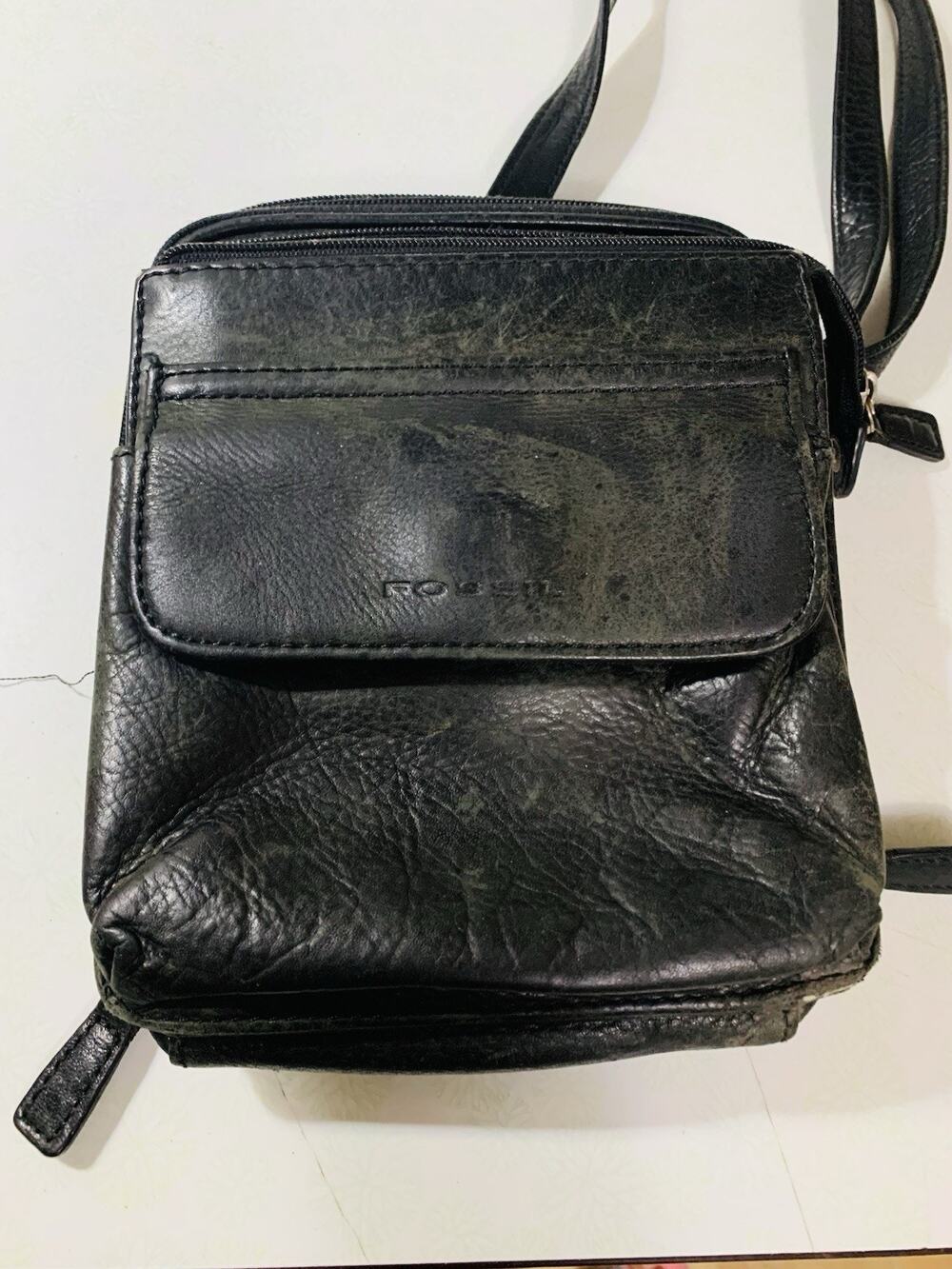 Fossil Vintage Worn Leather Crossbody Bag Black Shoulder Purse Multiple Pockets
